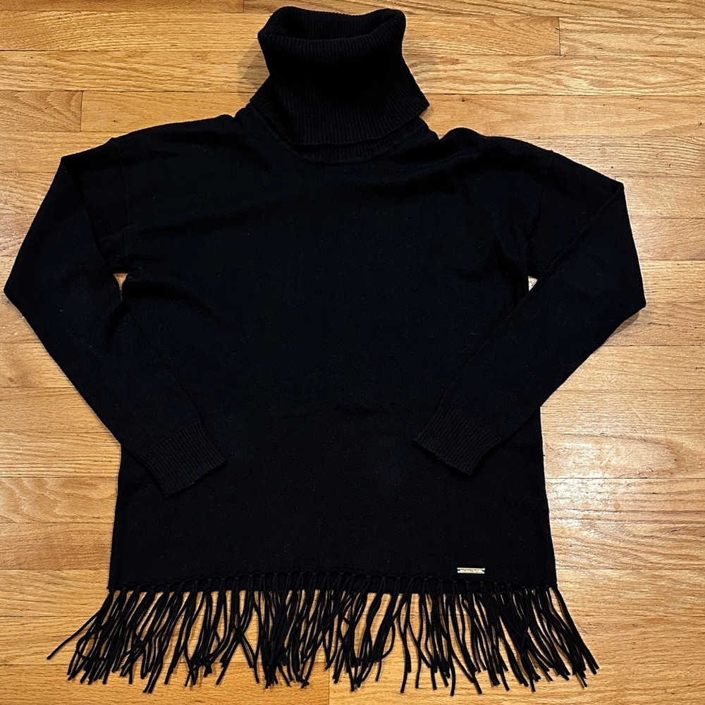 MICHAEL Michael Kors, Turtle Neck Black Sweater with Fringe, Size M